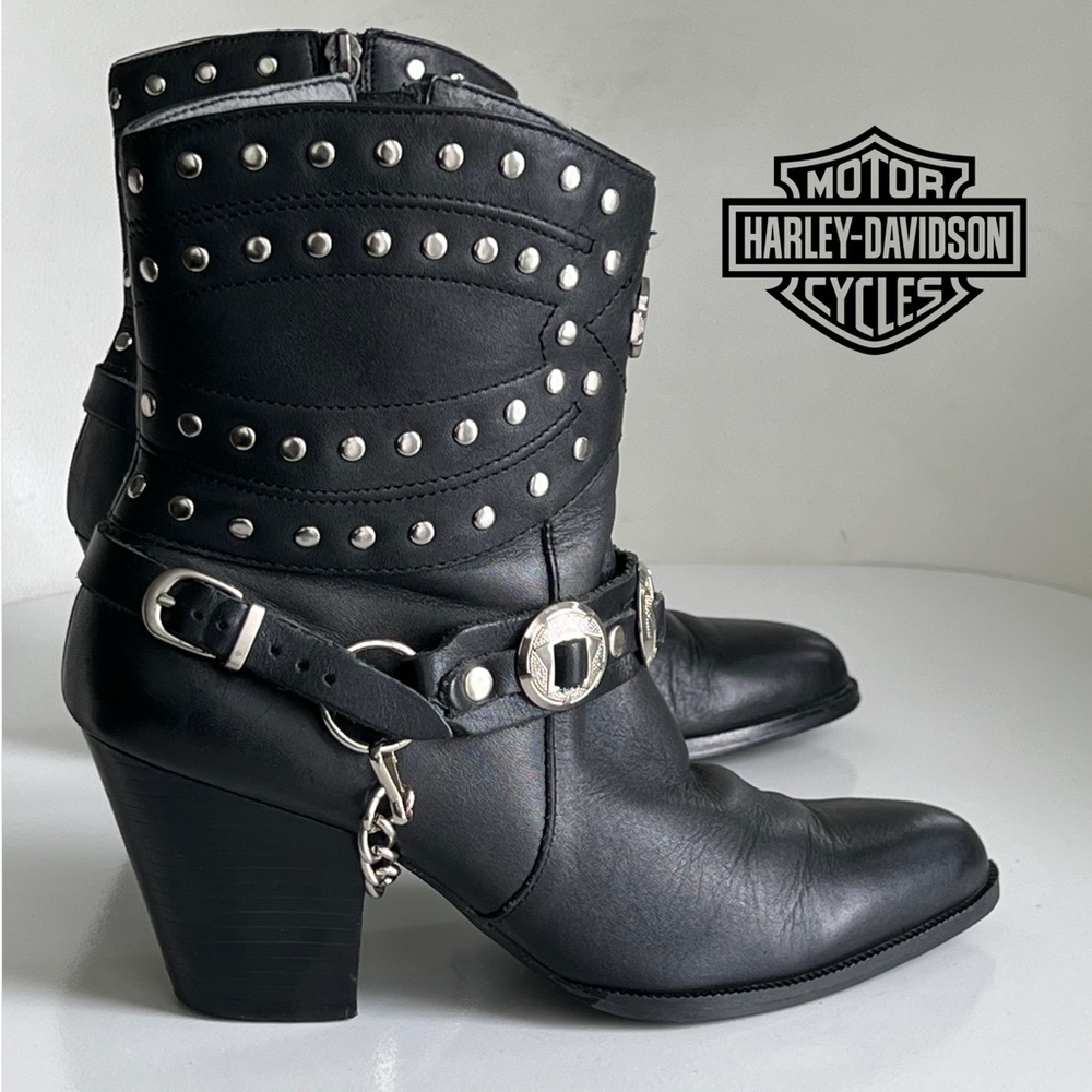 Harley Davidson Black Studded Leather Heeled Concho Moto Boots Size 7.5